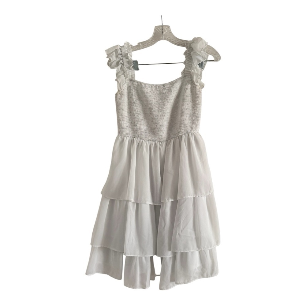 White Smocked Tiered Ruffle Mini Dress Ruffled Straps Size Large Summer Boho